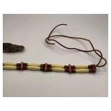 Native American Bone Choker Necklace with Red Accent Beads, and Turquoise Stones + Flint Stone Blade