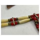Native American Bone Choker Necklace with Red Accent Beads, and Turquoise Stones + Flint Stone Blade