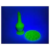 Uranium Glass Flower Frog and Vase