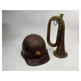 Military Style Brass Bugle and MSA Hard Hat