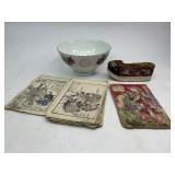 Antique Chinese Embroidered Silk Shoe & Antique Japanese Woodblock Print Books + Chinese Soup Bowl