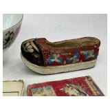 Antique Chinese Embroidered Silk Shoe & Antique Japanese Woodblock Print Books + Chinese Soup Bowl
