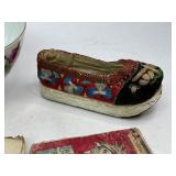 Antique Chinese Embroidered Silk Shoe & Antique Japanese Woodblock Print Books + Chinese Soup Bowl