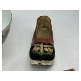 Antique Chinese Embroidered Silk Shoe & Antique Japanese Woodblock Print Books + Chinese Soup Bowl