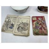 Antique Chinese Embroidered Silk Shoe & Antique Japanese Woodblock Print Books + Chinese Soup Bowl