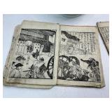 Antique Chinese Embroidered Silk Shoe & Antique Japanese Woodblock Print Books + Chinese Soup Bowl