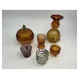 Art Glass Lot - Imperial, Fenton, Degenhart Toothpick Holders, Indiana Candy Dish, Heavy Glass Vase, and Votive