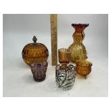 Art Glass Lot - Imperial, Fenton, Degenhart Toothpick Holders, Indiana Candy Dish, Heavy Glass Vase, and Votive