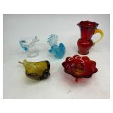 Art Glass Lot - Amberina & Clear Crackle Pitchers, Fenton Amberina Lotus Candle Holder, Glass Birds