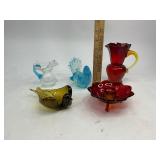 Art Glass Lot - Amberina & Clear Crackle Pitchers, Fenton Amberina Lotus Candle Holder, Glass Birds