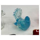 Art Glass Lot - Amberina & Clear Crackle Pitchers, Fenton Amberina Lotus Candle Holder, Glass Birds