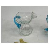 Art Glass Lot - Amberina & Clear Crackle Pitchers, Fenton Amberina Lotus Candle Holder, Glass Birds