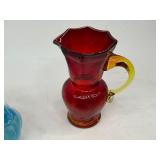 Art Glass Lot - Amberina & Clear Crackle Pitchers, Fenton Amberina Lotus Candle Holder, Glass Birds