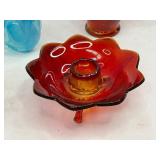 Art Glass Lot - Amberina & Clear Crackle Pitchers, Fenton Amberina Lotus Candle Holder, Glass Birds