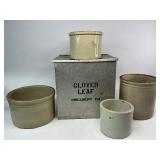 Cloverleaf Milk Box with Four Stoneware Butter Crocks
