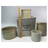 Cloverleaf Milk Box with Four Stoneware Butter Crocks