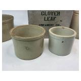 Cloverleaf Milk Box with Four Stoneware Butter Crocks