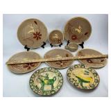 Mid Century Tonala Leaping Gazelle Pottery + Romanian Folk Art Plates