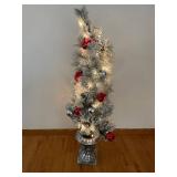 Tabletop Frosted Christmas Tree - Lights & Red Ornaments on Pedestal 4