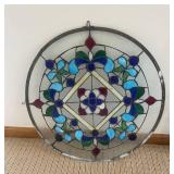 23" Stained Glass Round Window Panel - Floral Motif, Multicolor Circular Art