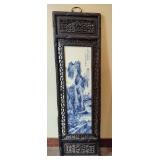 Chinese Mountain River Porcelain Blue & White Carved Wood Large Wall Panels