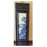 Chinese Mountain River Porcelain Blue & White Carved Wood Large Wall Panels