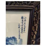 Chinese Mountain River Porcelain Blue & White Carved Wood Large Wall Panels