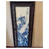 Chinese Mountain River Porcelain Blue & White Carved Wood Large Wall Panels