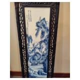 Chinese Mountain River Porcelain Blue & White Carved Wood Large Wall Panels