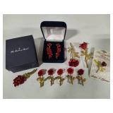 Danbury Mint "A Dozen Roses" 24K Gold Clad Earrings & Asst Rose Brooches