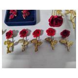 Danbury Mint "A Dozen Roses" 24K Gold Clad Earrings & Asst Rose Brooches