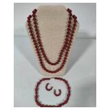 Carved Cinnabar Beaded Necklaces & Earring Set