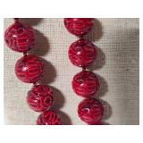 Carved Cinnabar Beaded Necklaces & Earring Set