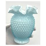 Vintage 6" Fenton Art Glass Light Blue Hobnail Ruffled Edge Vase