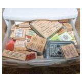Collection of Rubber Ink Stamps and Storage Container - Friends, Thinking of You, Sympathy, Get Well, Trees, and Leaves