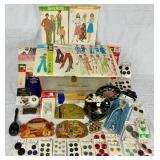 Vintage Sewing Collection - Includes Vintage Tin and Button Collection, Vintage Simplicity Patterns, Snaps and Eyelet Tool, Vintage Sewing Needle Cases, and Wooden Darning Egg