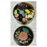 Vintage Sewing Collection - Includes Vintage Tin and Button Collection, Vintage Simplicity Patterns, Snaps and Eyelet Tool, Vintage Sewing Needle Cases, and Wooden Darning Egg