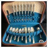 Wm. Rogers & Son Gardenia Pattern Silverplated Flatware with Wood Case & Wm. Rogers Silverplate Cranberry Set