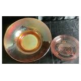 Iridescent Marigold Carnival Glass Wide Bowl 10" and Vintage Pink Depression Round Beehive Footed Low Bowl 6.5"
