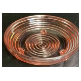 Iridescent Marigold Carnival Glass Wide Bowl 10" and Vintage Pink Depression Round Beehive Footed Low Bowl 6.5"
