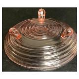 Iridescent Marigold Carnival Glass Wide Bowl 10" and Vintage Pink Depression Round Beehive Footed Low Bowl 6.5"