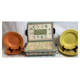 Vintage Fiesta Rimmed Bowls (4) and Temp-tations Ceramic Baker with Lid and Matching Tray