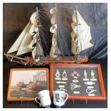 Assorted Maritime Memorabilia: Includes Model 1780 Fragata Espanola Tall Ship, Nautical Knot Shadowbox Display, Framed Duluth Tugboat Photo, Pair of Handpainted Isle Royale Teacups