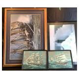 Collection of Framed Maritime Prints and Books - Includes: Le Siecle du Belem by Philip Plisson (30" x 41.5"), 2 Vintage Paint By Number Tall Ship Prints (16.75"W x 12.75"H),  Lighthouse Print by Jean