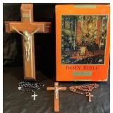 Collection of Catholic Vintage Items: Includes: Vintage Last Rites Sliding Crucifix, 2 Rosaries from Lourdes, France, Small Wall Crusifix, Vintage Boxed Catholic Bible - 1951 Papal Edition