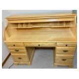 Vintage Double Pedestal Roll Top Desk with Lamp