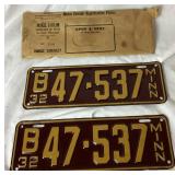 Pair of 1932 Minnesota Licence Plates with Original Mailing Envelope