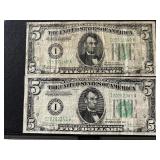 1934 Green Seal $5 Dollar Federal Reserve Notes