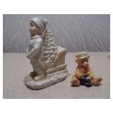Set of 2 Vintage Themed Figurines - Boy with Christmas Sleigh & Teddy Bear with Train