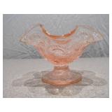 Vintage Pink Depression Glass Ruffled Pedestal Bowl - Etched Floral Pattern
